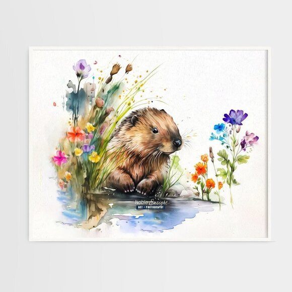 NobleCaptures Other - 16x20 Beaver in Pond with Flowers Watercolor Oil Painting Wall Art Print